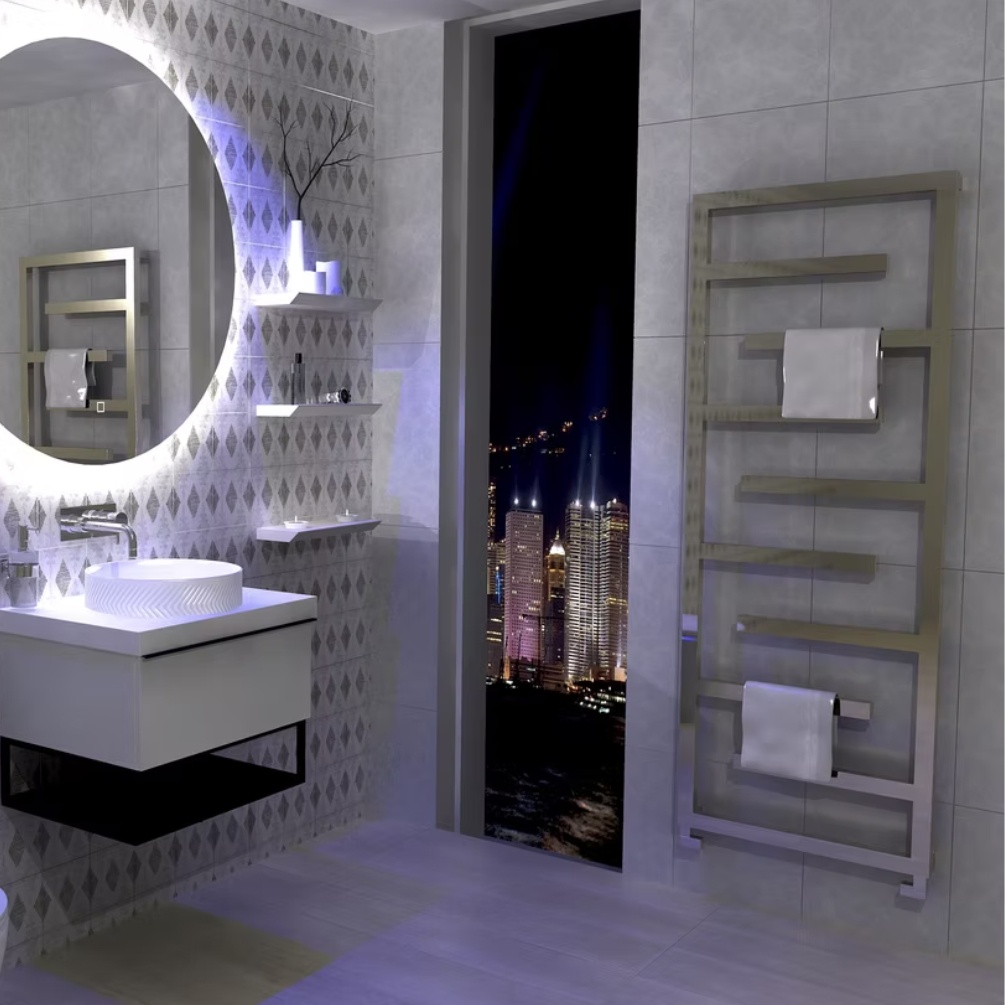 Lifestyle image of the Radox Aztec 1615mm x 600mm Stainless Steel Designer Heated Towel Rail mounted on a bathroom wall, next to a wall-mounted vanity unit & basin with round mirror